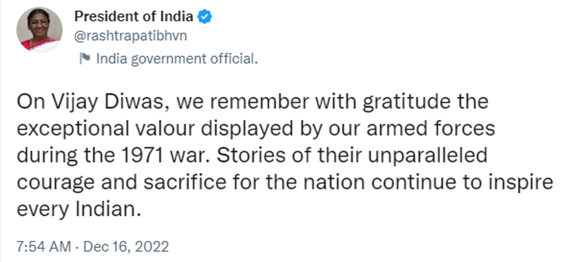 President Droupadi Murmu Remembered Fallen Heroes of 1971 Indo-Pak War - Sputnik India, 1920, 16.12.2022