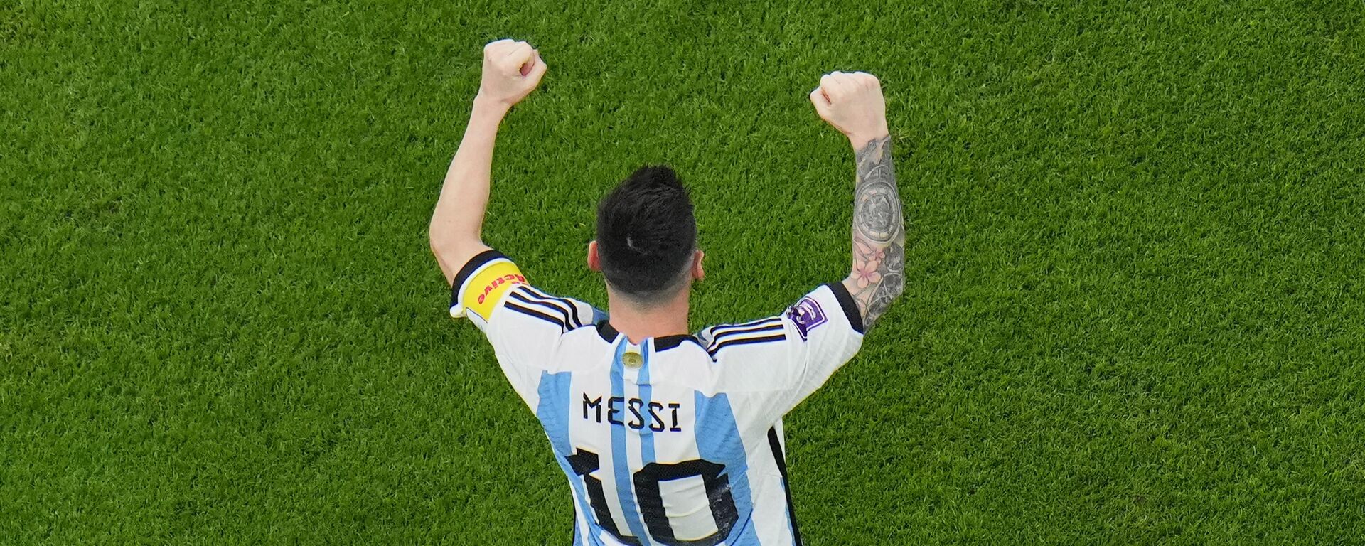 Argentina's Lionel Messi celebrates scoring his side's first goal with a penalty shot during the World Cup semifinal soccer match between Argentina and Croatia at the Lusail Stadium in Lusail, Qatar, Tuesday, Dec. 13, 2022. - Sputnik India, 1920, 02.02.2023