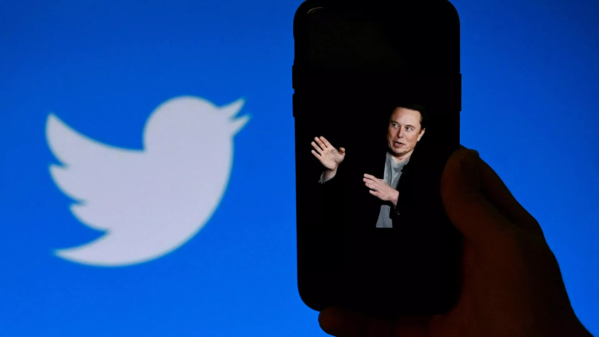 In this file photo taken on October 4, 2022, a phone screen displays a photo of Elon Musk with the Twitter logo shown in the background, in Washington, DC