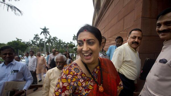 Union Minister for Information and Broadcasting and Textiles Smriti Irani, center, arrives at the parliament house meeting in New Delhi, India, Thursday, Aug. 10, 2017. Irani won the upper house election of the Indian parliament from Gujarat. - Sputnik India