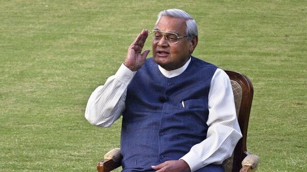 In this March 25, 2004 file photo, Indian Prime Minister Atal Bihari Vajpayee gestures during a photo session at his residence in New Delhi, India. - Sputnik India