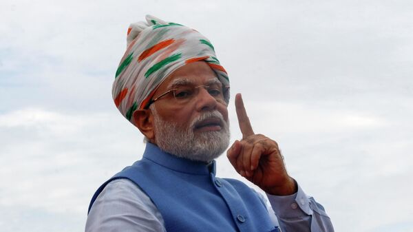 Indian Prime Minister Narendra Modi addresses the nation from 17th-century Mughal-era Red Fort on Independence Day in New Delhi, India, Monday, Aug.15, 2022. The country is marking the 75th anniversary of its independence from British rule. - Sputnik India