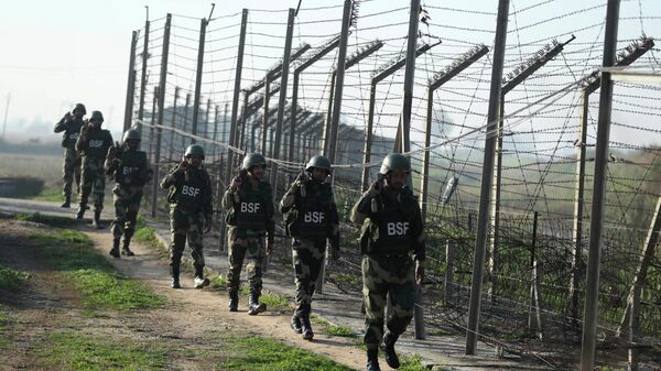 Indian Border Security Force (BSF) soldiers patrol near the India-Pakistan border fencing at Suchet Garh in Ranbir Singh Pura, Jammu and Kashmir, India, Jan. 23, 2020. - Sputnik भारत