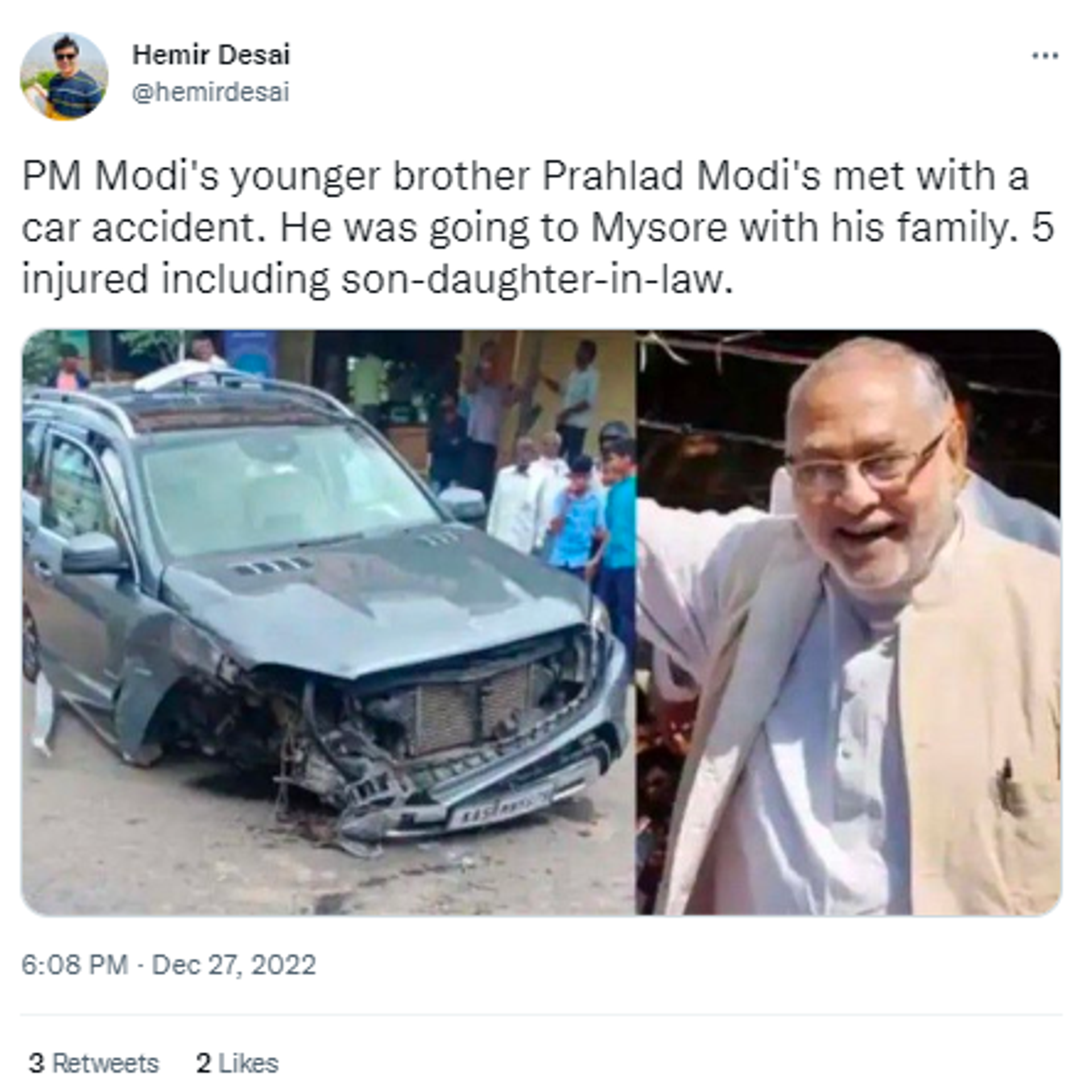 PM Modi's Brother, Family Critically Injured in Road Accident in India - Sputnik India, 1920, 27.12.2022