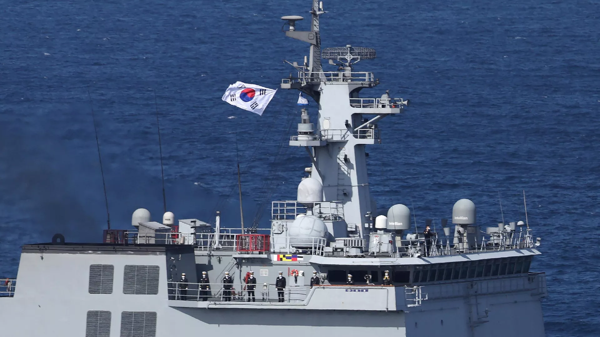 South Korea's military support ship Soyang participates in the International Fleet Review, held by Japan's Maritime Self-Defense Force with some 12 other countries, at Sagami Bay off Kanagawa Prefecture, on November 6, 2022.