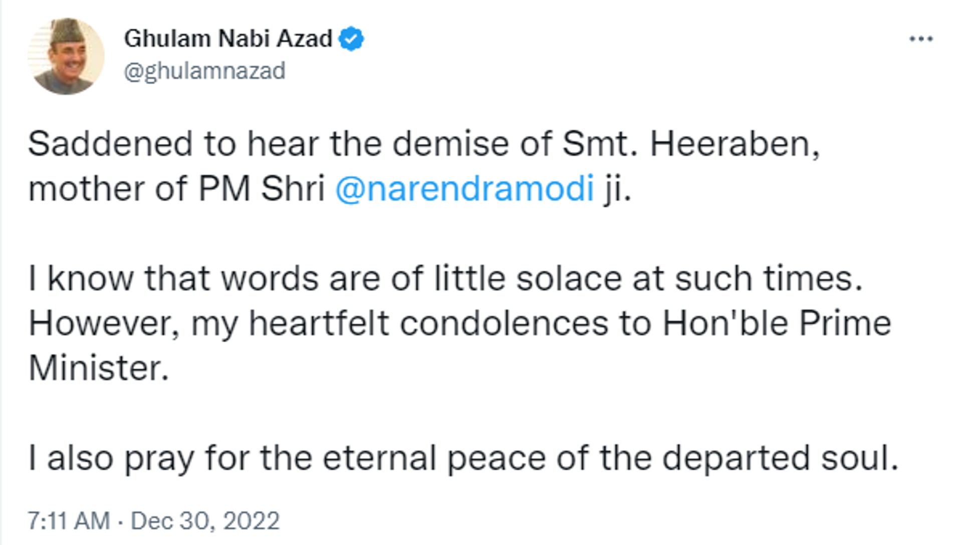 Senior Politician from Jammu and Kashmir Ghulam Nabi Azad Expressed Grief on Demise of PM Modi's Mother - Sputnik India, 1920, 30.12.2022
