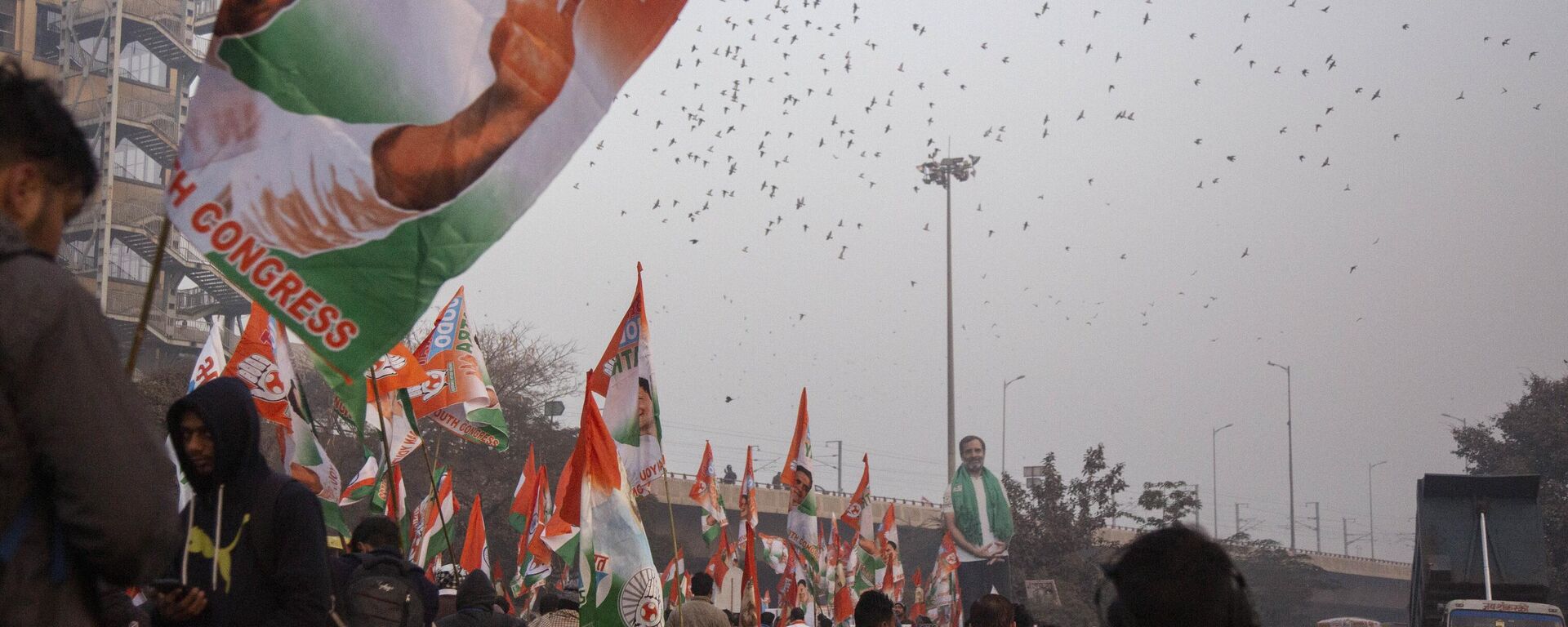 Congress Party supporters hold party flags and walk with their leader Rahul Gandhi during a march in New Delhi, India, Saturday, Dec. 24, 2022. - Sputnik India, 1920, 11.01.2023