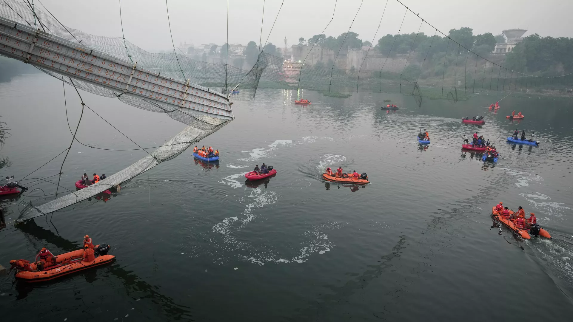 Search and rescue work lasted many days after a cable suspension bridge collapsed in Morbi town of the western Gujarat state, India, Monday, Oct. 31, 2022.