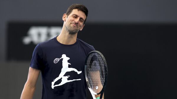 Serbia's Novak Djokovic reacts during a practice session ahead of the Adelaide International Tennis tournament in Adelaide, Australia, Thursday, Dec. 29, 2022. - Sputnik India