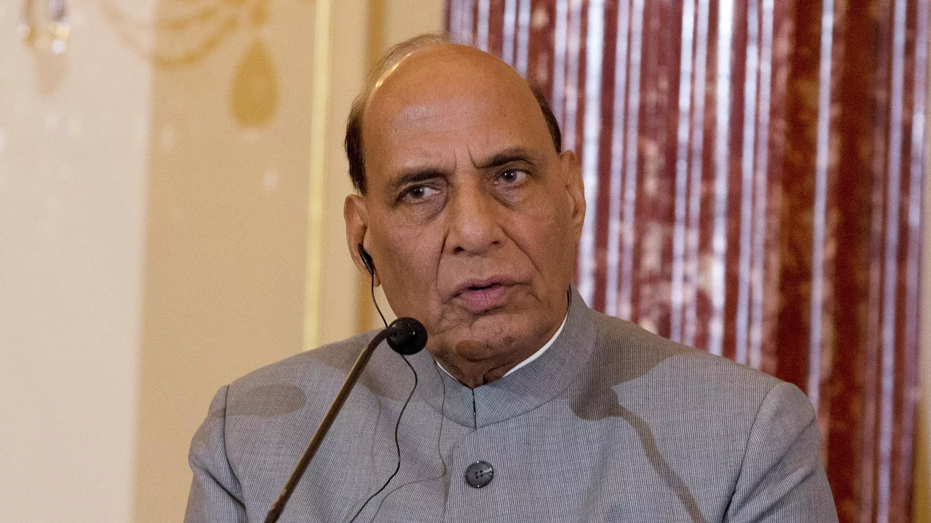 FILE - Indian Defense Minister Shri Rajnath Singh speaks during a news conference after a bilateral meeting at the Department of State in Washington, Wednesday, Dec.18, 2019