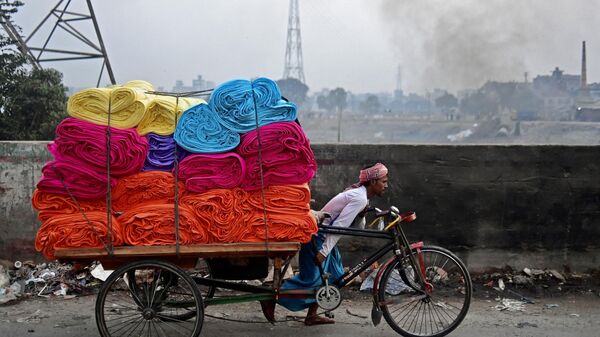 A worker pulls his cycle rickshaw loaded with bundles of cloth in Dhaka on January 9, 2023. - Sputnik India