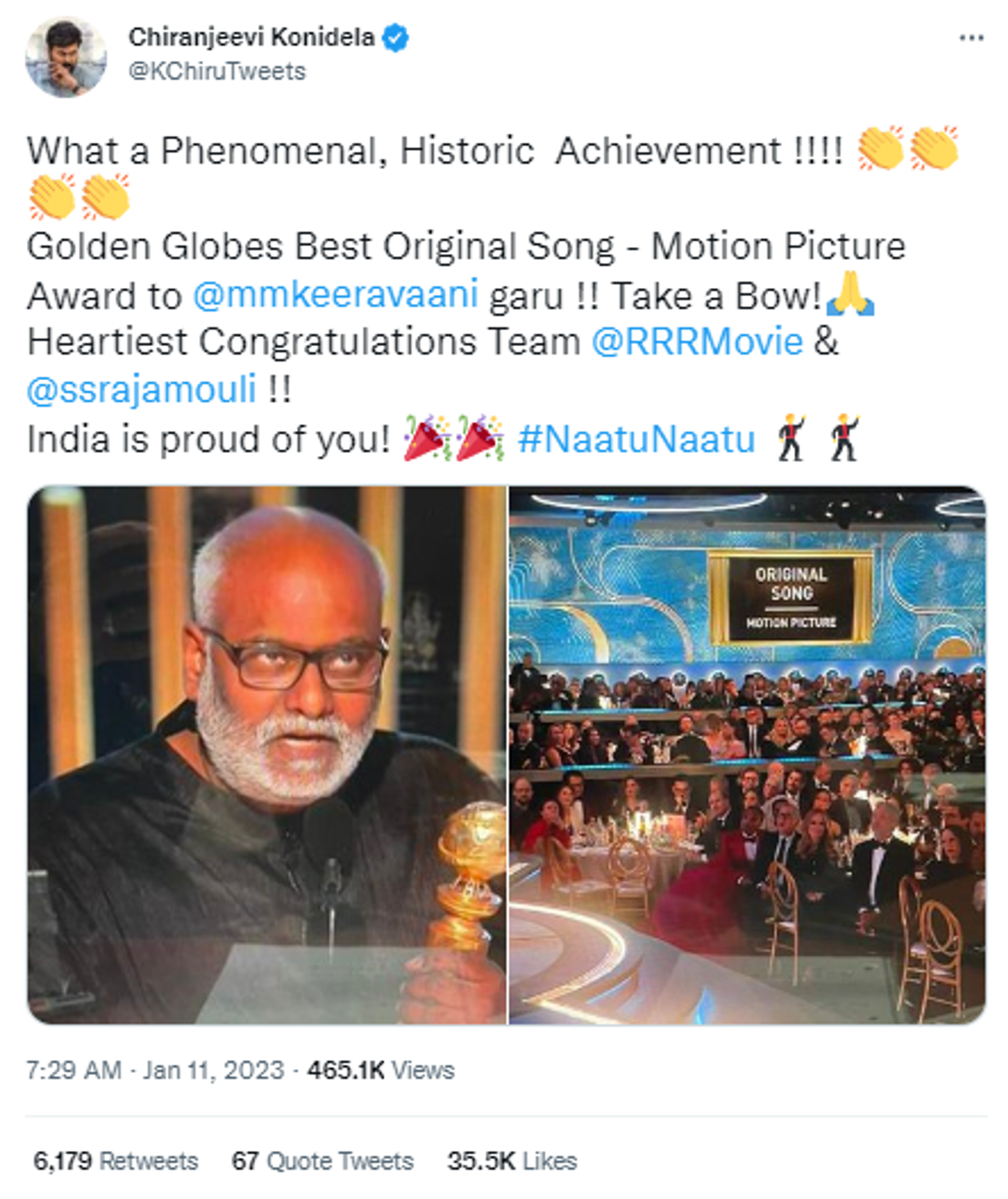 Superstar Chiranjeevi Konidela reacts after Indian movie RRR's 'Naatu Naatu' wins Best Song Award at Golden Globes 2023 - Sputnik India, 1920, 11.01.2023