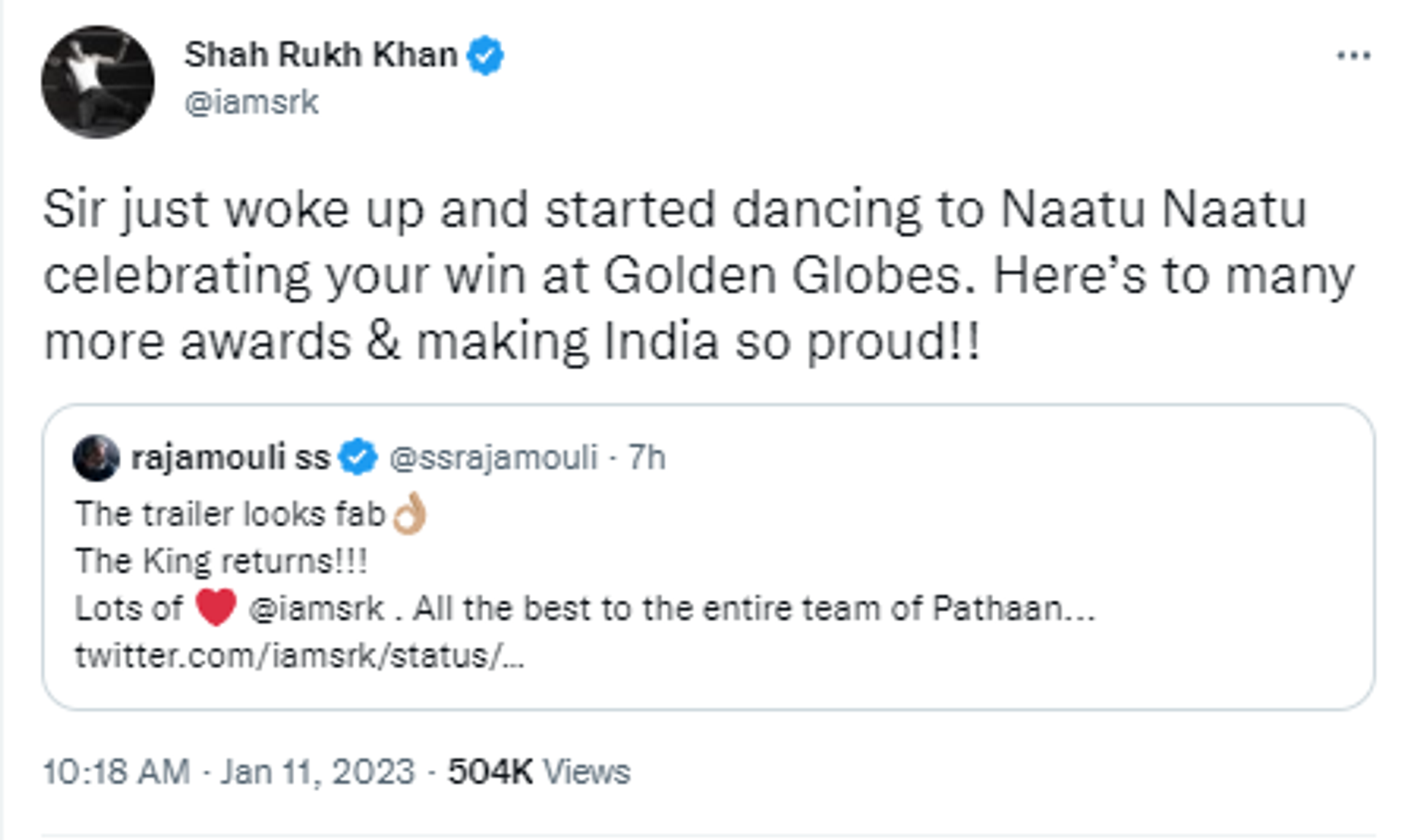 Bollywood superstar Shah Rukh Khan reacts after Indian movie RRR's 'Naatu Naatu' wins Best Song Award at Golden Globes 2023 - Sputnik India, 1920, 11.01.2023