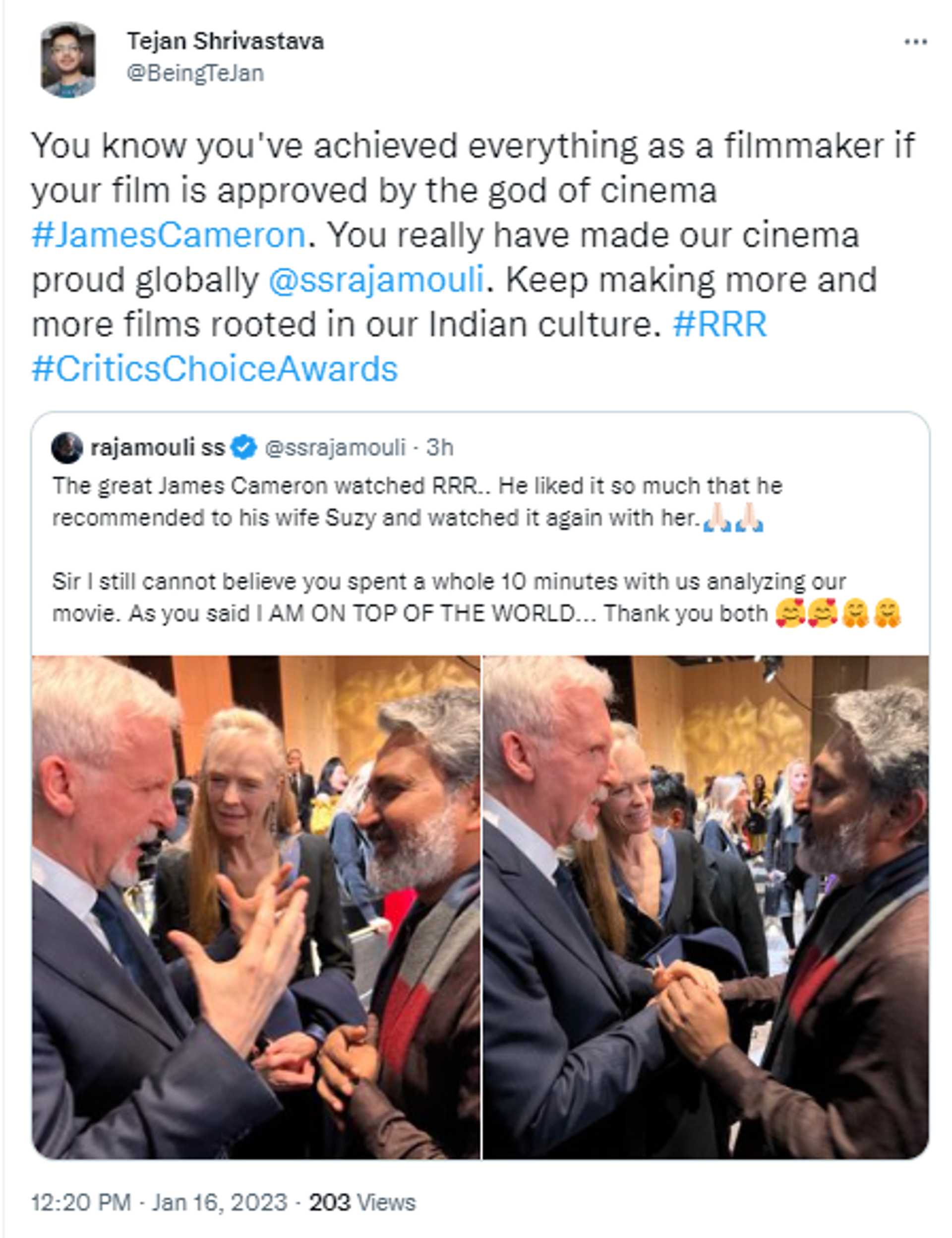 Veteran Indian filmmaker S.S. Rajamouli interacts with filmmaker James Cameron after winning two awards at Critics Choice Awards - Sputnik India, 1920, 16.01.2023