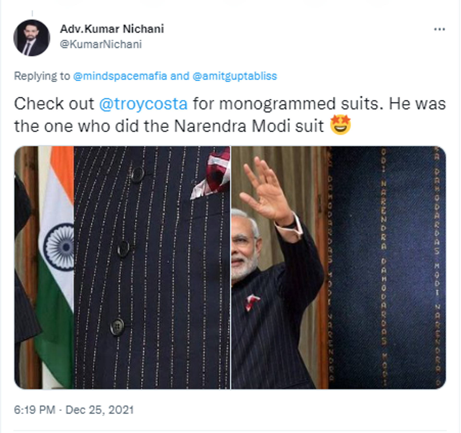 Prime Minister Narendra Modi wearing classic monogrammed bandh gala suit with his name etched on the fabric - Sputnik India, 1920, 20.01.2023
