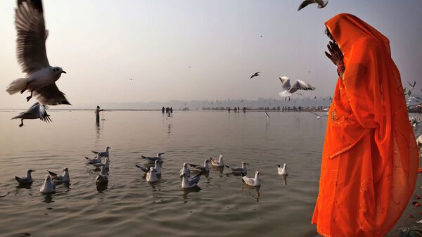 The Hindu prays on the bank of Ganges in Allahabad, India - Sputnik भारत