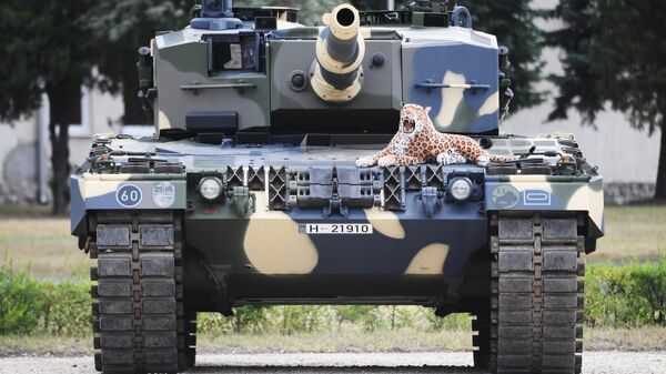 A stuffed toy leopard is placed on a Leopard 2/A4 battle tank during a handover ceremony of tanks at the army base of Tata, Hungary, on July 24, 2020 - Sputnik भारत