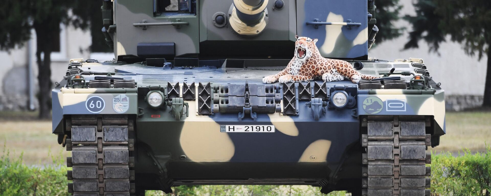 A stuffed toy leopard is placed on a Leopard 2/A4 battle tank during a handover ceremony of tanks at the army base of Tata, Hungary, on July 24, 2020 - Sputnik India, 1920, 25.01.2023