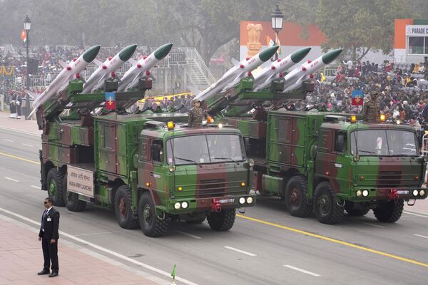 ndian Army Akash missile launcher drives through the ceremonial Kartavya Path boulevard during India's Republic Day celebrations in New Delhi, India, Thursday, Jan. 26, 2023. - Sputnik India