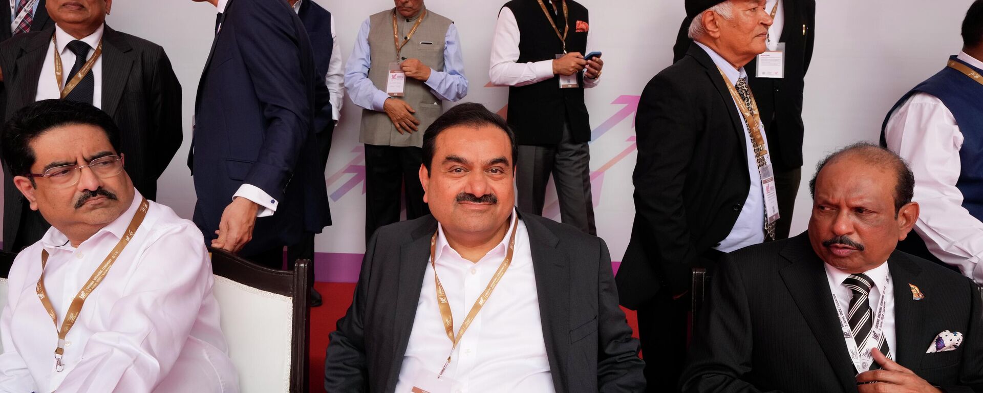 Industrialist Gautam Adani, center, sits for a group photograph during the Ground Breaking Ceremony @3.0 of the UP Investors Summit Lucknow in the northern Indian state of Uttar Pradesh, India, Friday, June 3, 2022. - Sputnik India, 1920, 30.01.2023