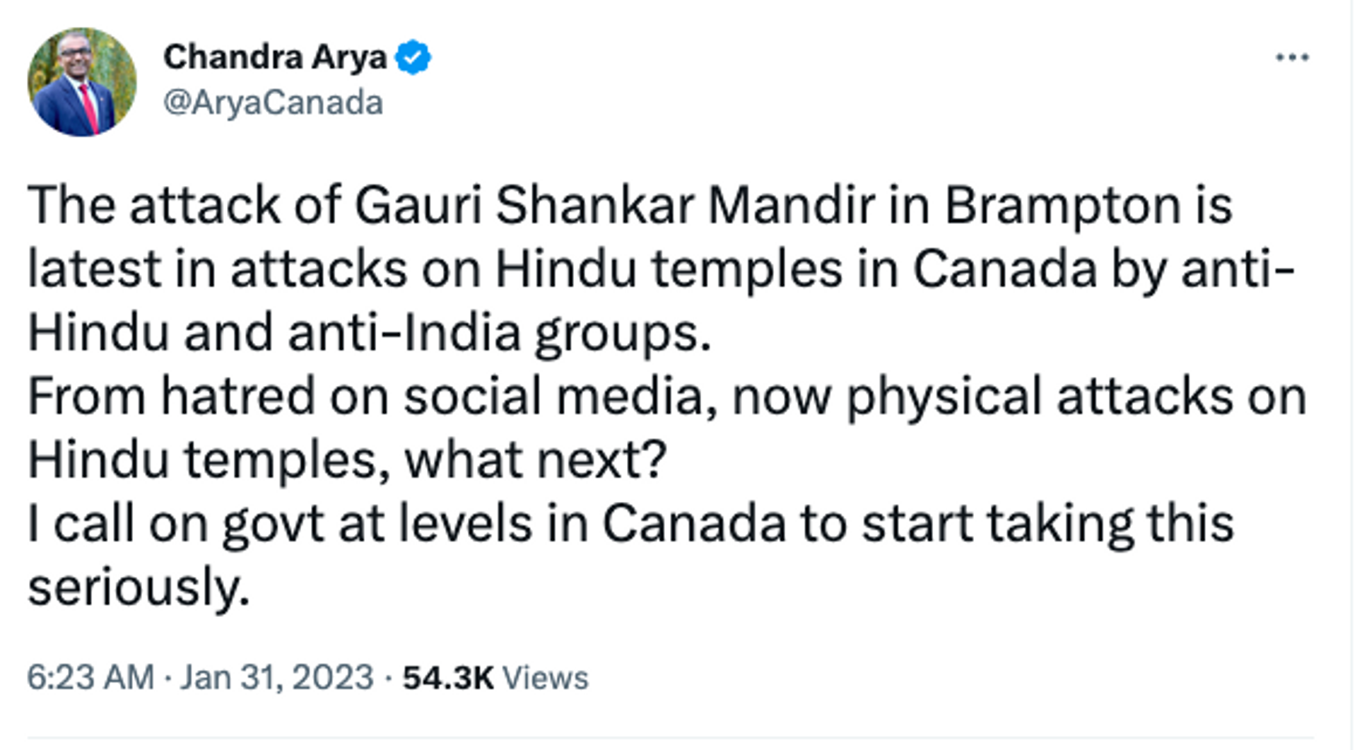 Chandra Arya Tweet Condemning Attack On Temple  - Sputnik India, 1920, 31.01.2023