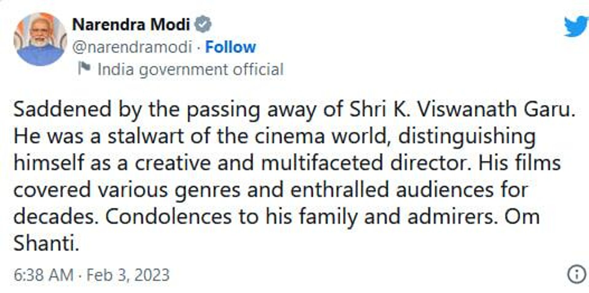 Modi's tweet on the passing away of Shri K. Viswanath Garu - Sputnik India, 1920, 03.02.2023