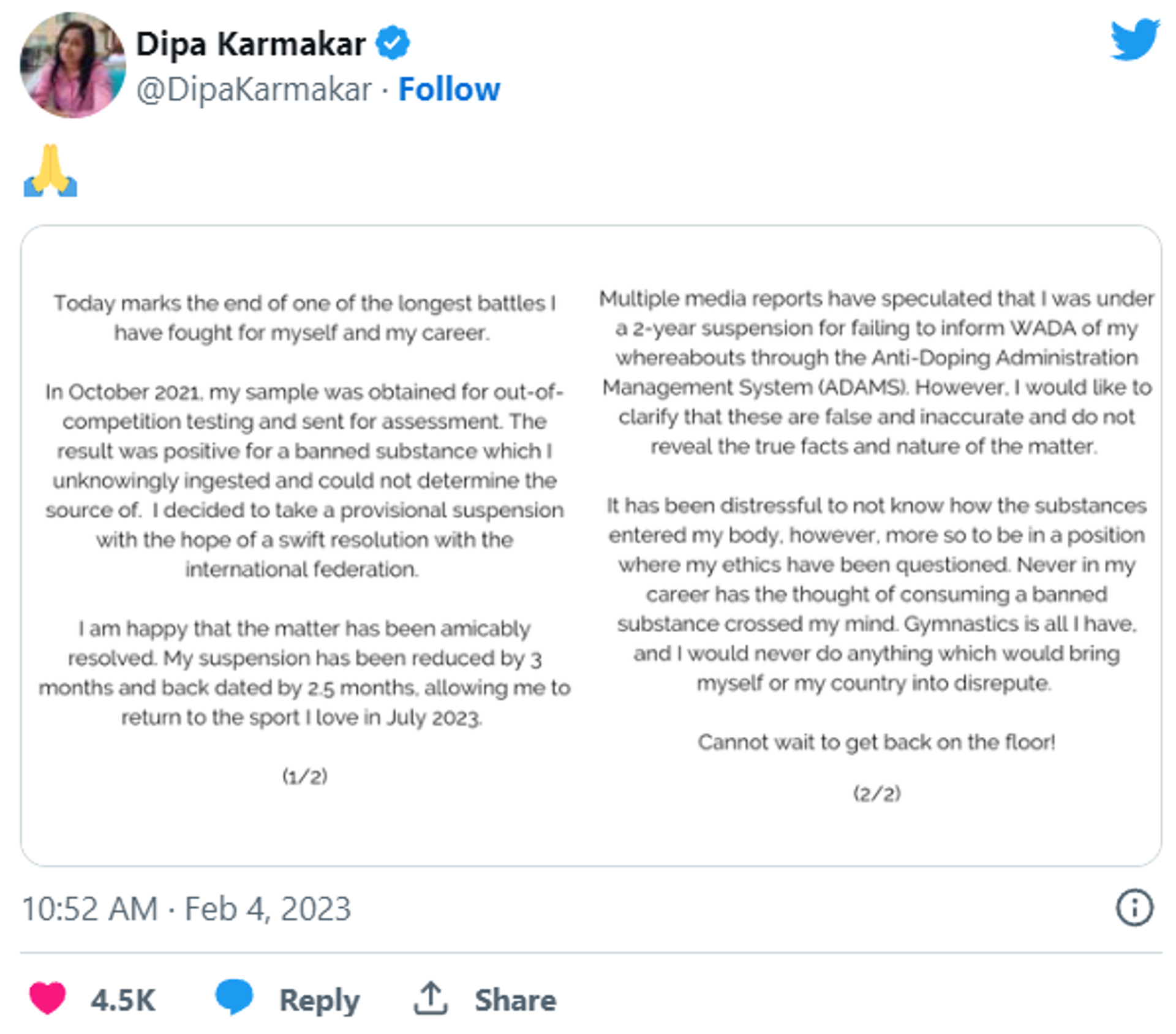 Indian Gymnast Dipa Karmakar Admits to Doping Violation After 21-Month Ban - Sputnik India, 1920, 05.02.2023