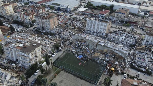 Aerial photo shows the destruction in Hatay city center, southern Turkey, Tuesday, Feb. 7, 2023. - Sputnik भारत