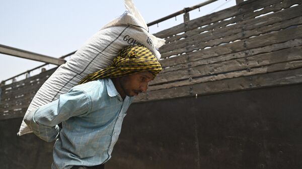 A worker loads a sack of wheat on a freight train at Chawa Pail railway station in Khanna, Punjab state, on May 19, 2022. - Sputnik India