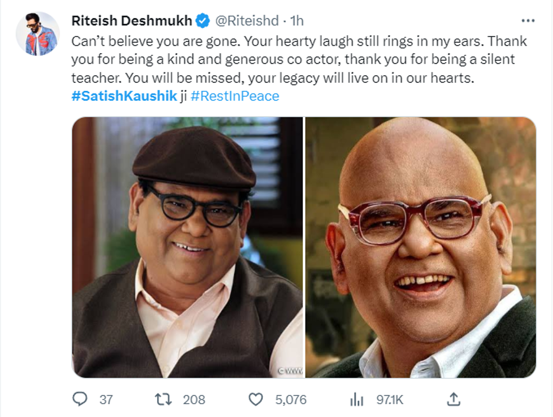Actor Riteish Deshmukh pours condolences on the demise of veteran Bollywood actor-director Satish Kaushik - Sputnik India, 1920, 09.03.2023