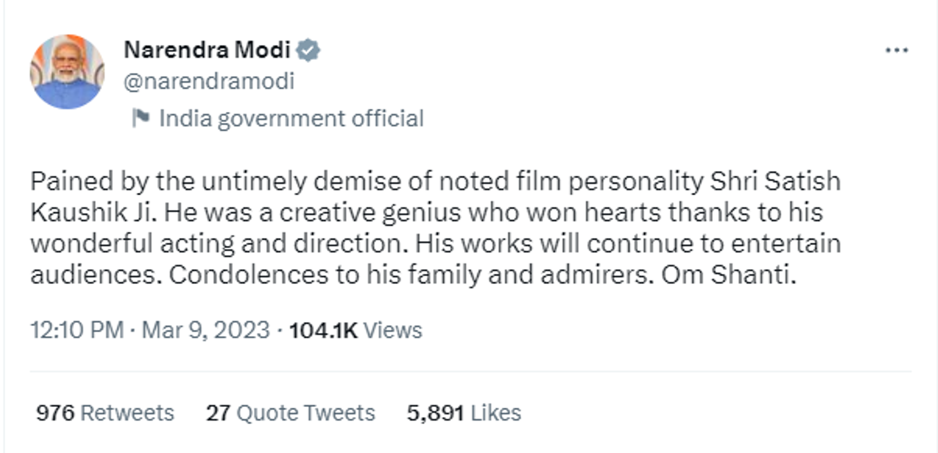 Indian Prime Minister Narendra Modi offer condolences on the demise of veteran actor Satish Kaushik - Sputnik India, 1920, 09.03.2023