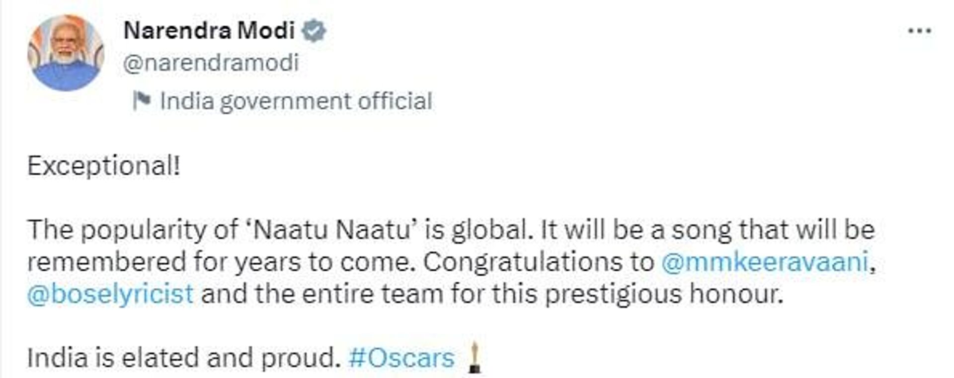 Prime Minister Narendra Modi took to Twitter to congratulate the team of 'RRR' and 'The Elephant Whisperers' for winning Oscars. - Sputnik India, 1920, 13.03.2023