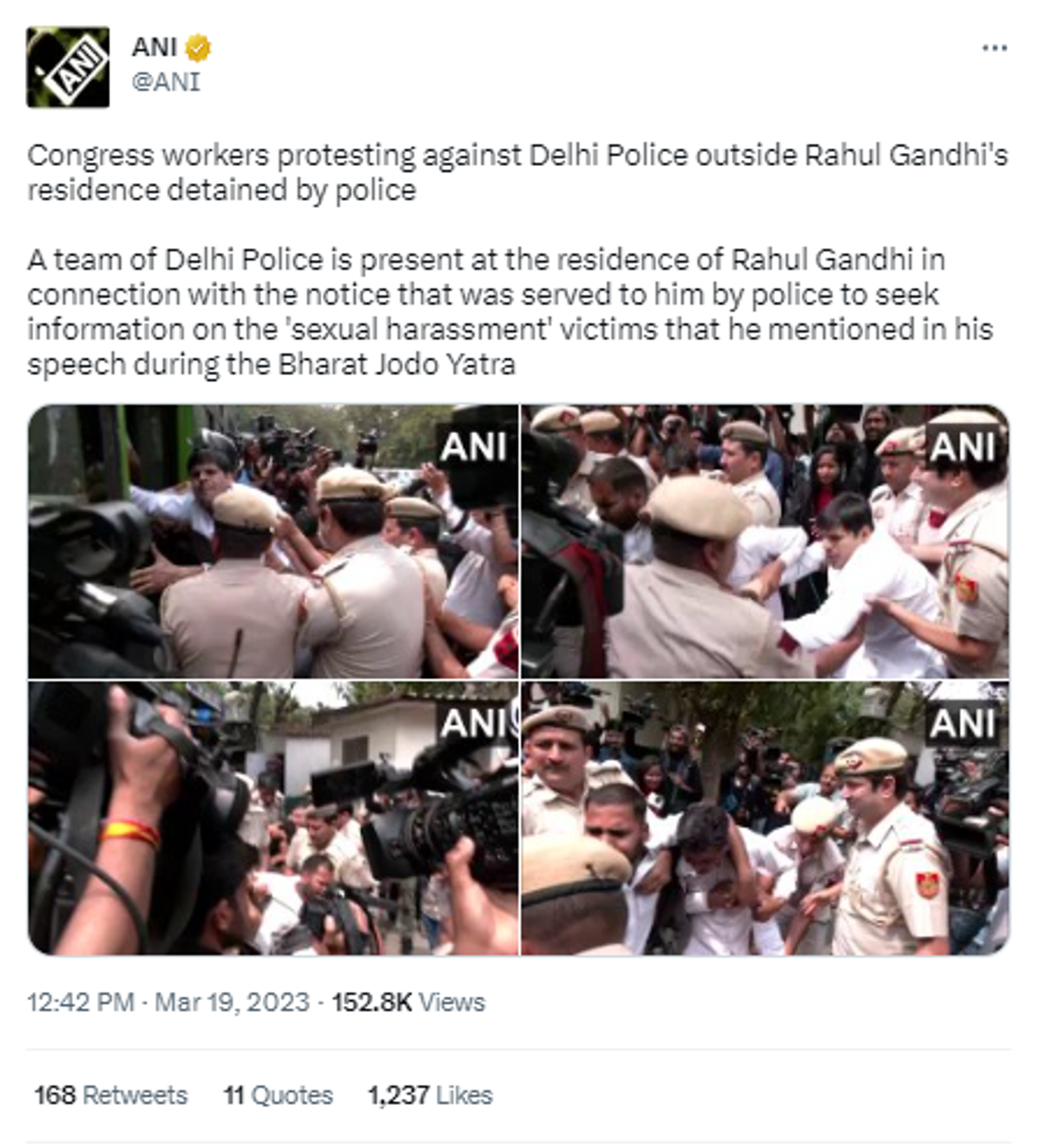 A large number of Congress workers protest against Delhi Police outside Rahul Gandhi's residence.  - Sputnik India, 1920, 19.03.2023