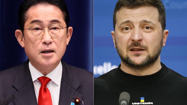 This combination of file pictures created on March 21, 2023 shows Japan's Prime Minister Fumio Kishida (L) speaking during a press conference at his official residence in Tokyo on March 17, 2023, and Ukraine's President Volodymyr Zelensky speaking during a press conference following a round-table meeting as part of an EU summit in Brussels on February 9, 2023. - Sputnik भारत