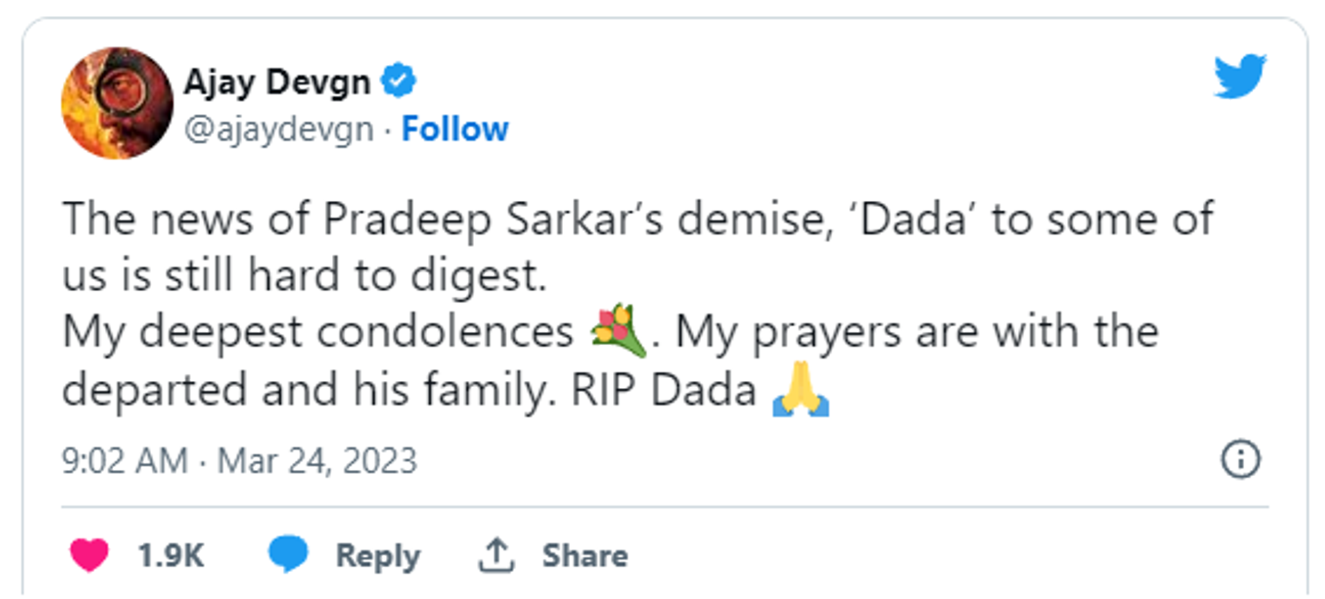 Bollywood star Ajay Devgn condoles the demise of Indian filmmaker Pradeep Sarkar. - Sputnik India, 1920, 24.03.2023