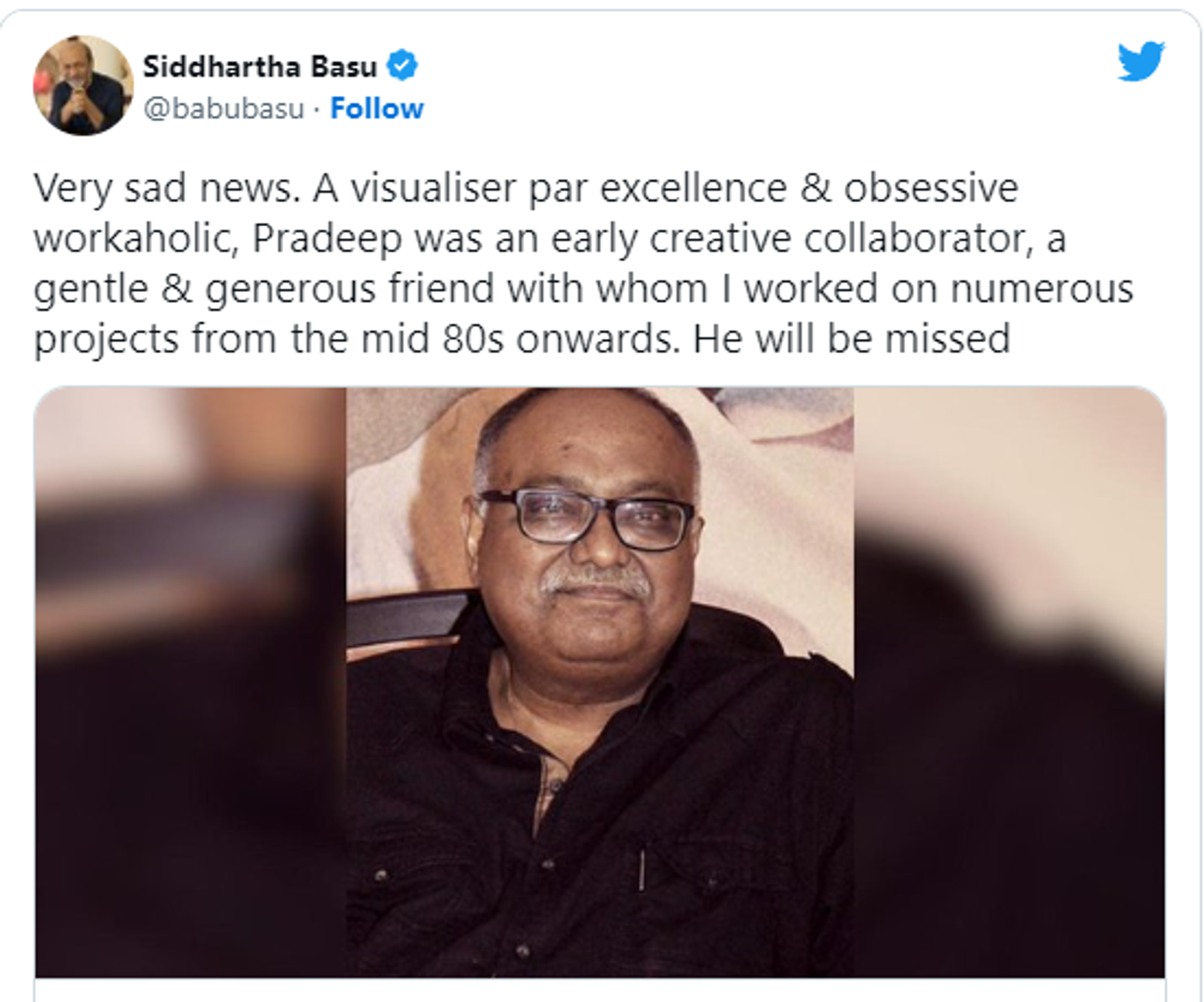 Indian television producer Siddhartha Basu offer condolences on the demise of Indian filmmaker Pradeep Sarkar. - Sputnik India, 1920, 24.03.2023