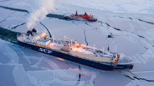 Sovcomflot LNG ship Christophe de Margerie and Russian icebreaker 50 Let Pobedy traverse the Northern Sea Route in February 2021, the first commercial cargo vessel to do so - Sputnik भारत