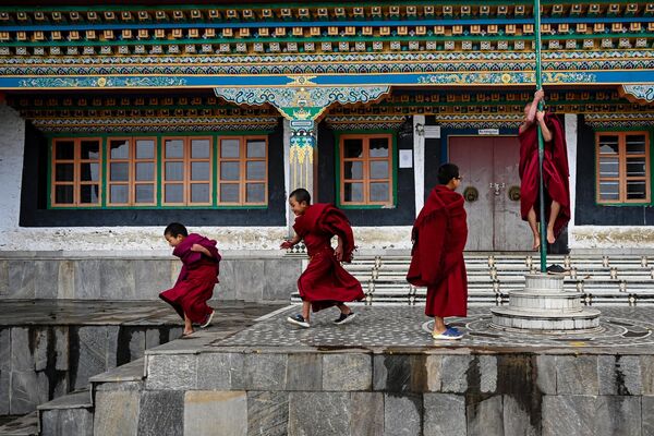 Young Buddhist monks play between prayers at the Tawang monastery in Tawang, a town in the northeast Indian state of Arunachal Pradesh on April 5, 2023. (Photo by Arun SANKAR / AFP) - Sputnik India