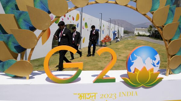 G-20 signage is displayed at the venue of G-20 financial conclave in Bengaluru, India, Wednesday, Feb. 22, 2023. - Sputnik भारत