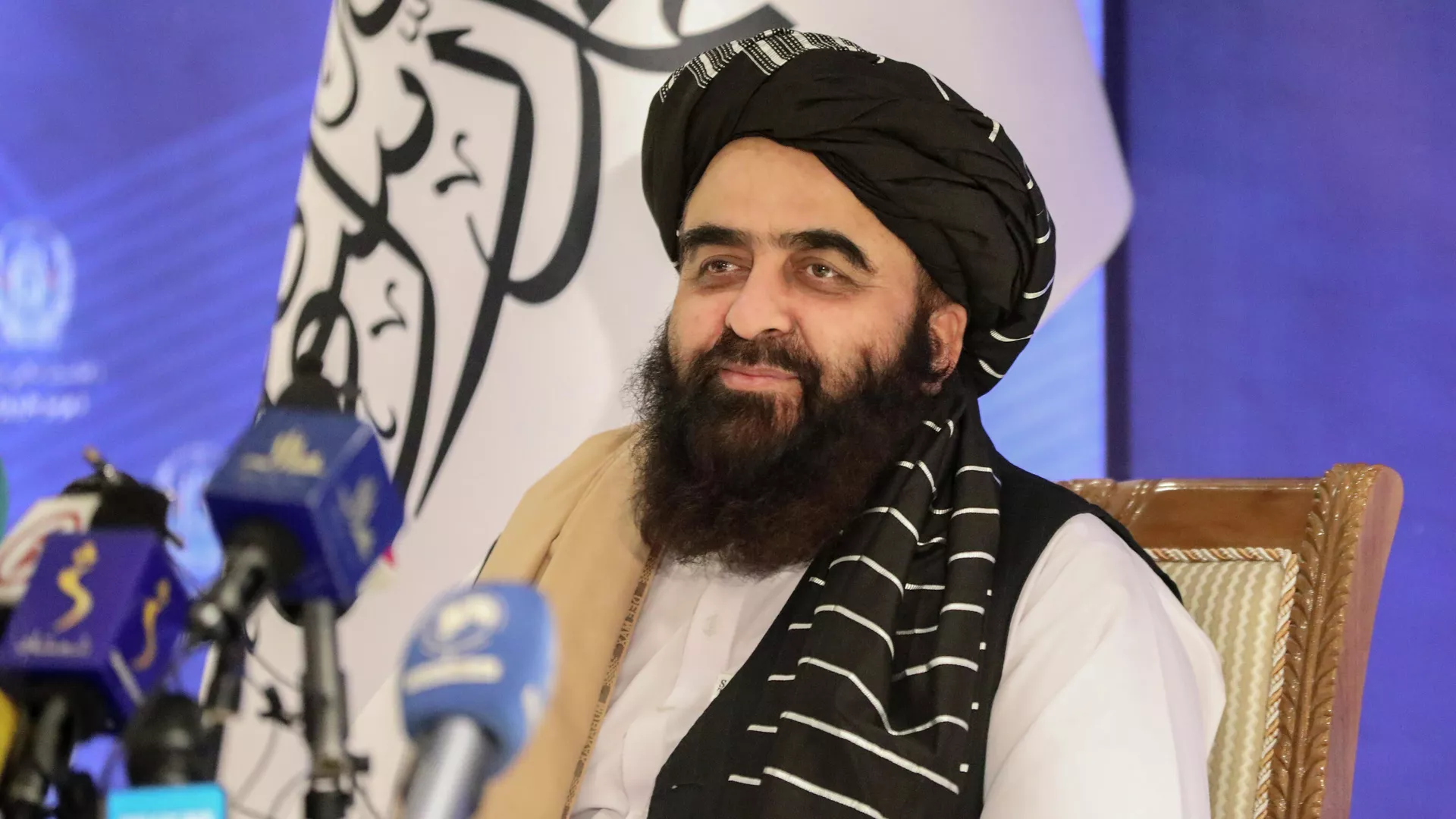The foreign minister in Afghanistan’s new Taliban-run Cabinet, Amir Khan Muttaqi, gives a press conference in Kabul, Afghanistan, Tuesday, Sept. 14, 2021. 