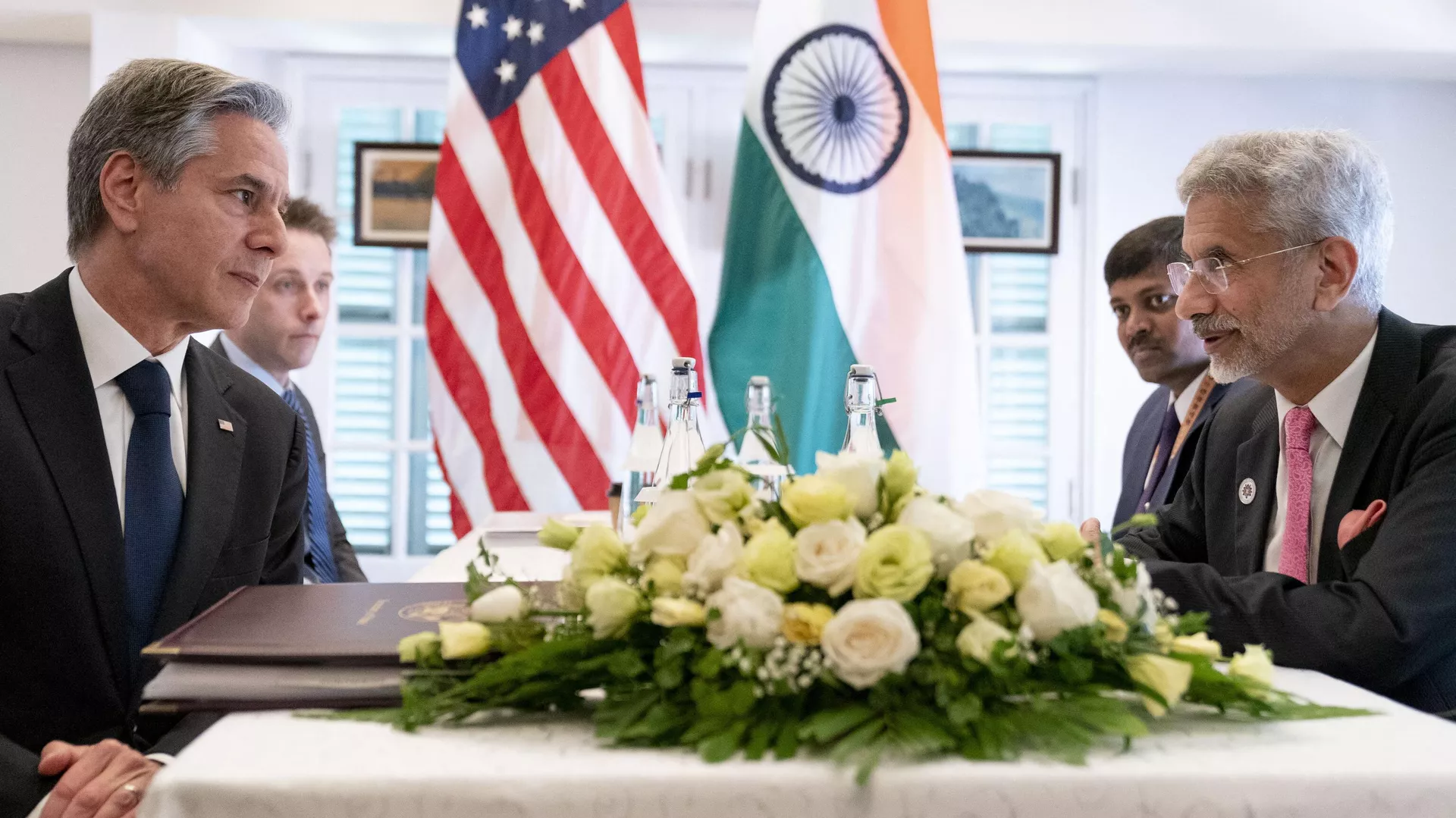 US Secretary of State Antony Blinken meets with India's Foreign Minister Subrahmanyam Jaishankar (R) at Raffles Hotel Le Royal in Phnom Penh on August 4, 2022.