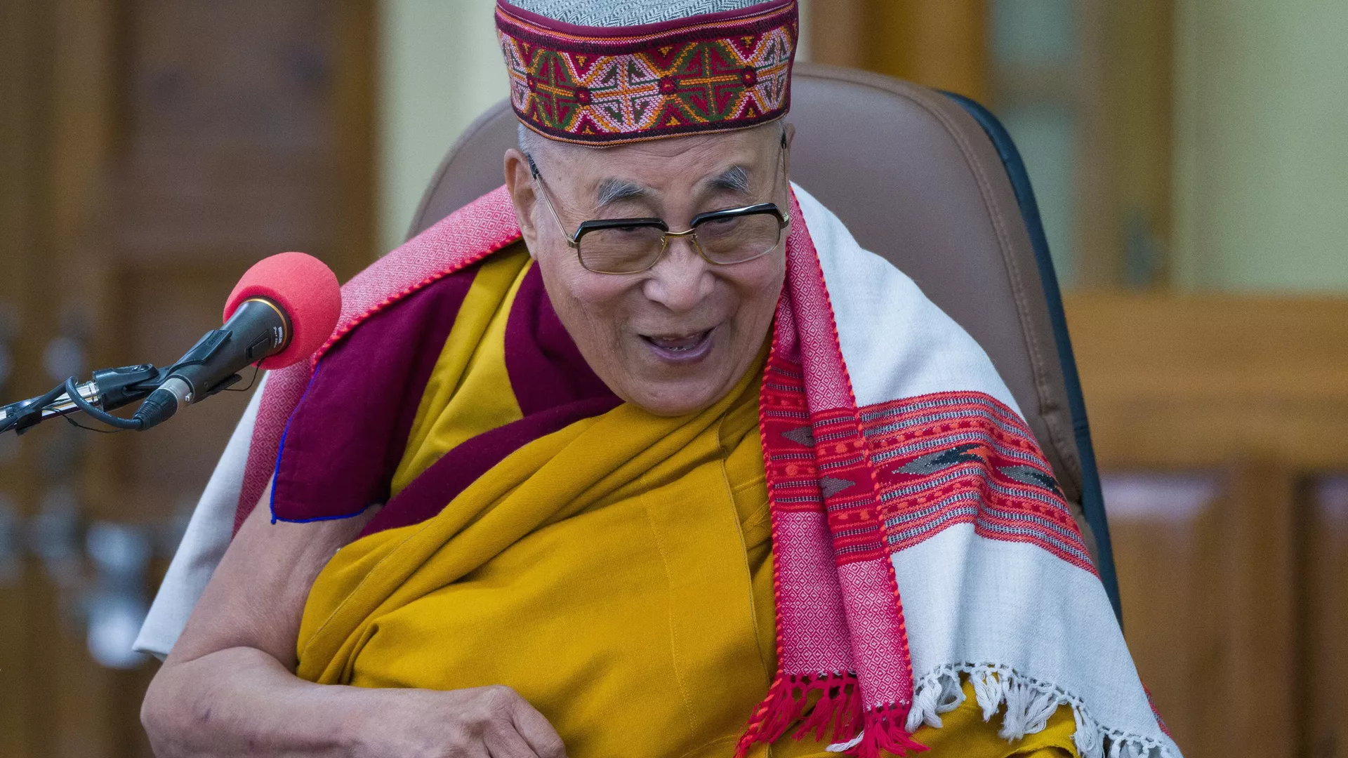 Tibetan spiritual leader the Dalai Lama addresses a group of students at the Tsuglakhang temple in Dharamshala, India, Tuesday, Feb. 28, 2023.