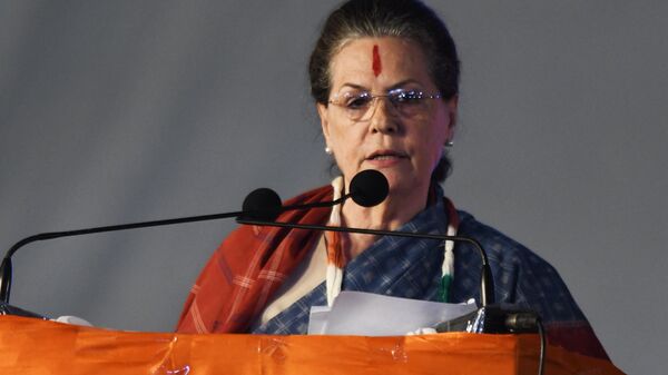 United Progressive Alliance (UPA) chairperson Sonia Gandhi addresses a public meeting for the campaign of the 2018 Telangana state Assembly elections at Medchal constituency some 30 kms from Hyderabad, on November 23, 2018. - Sputnik India