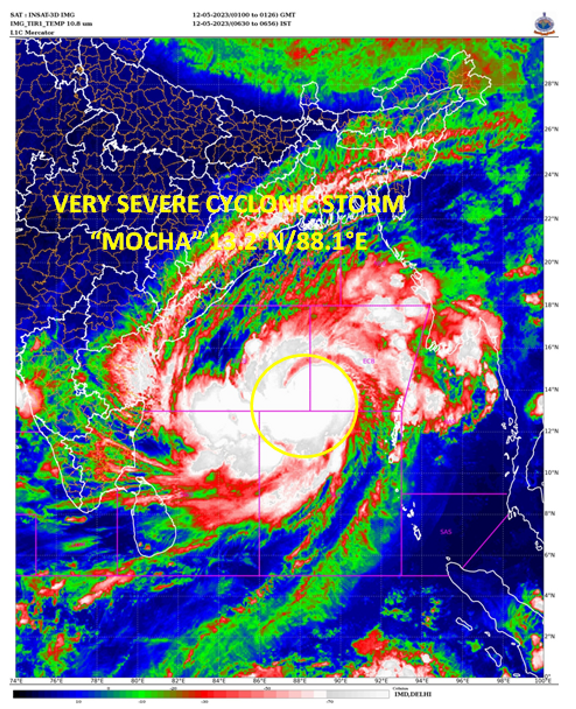 The SCS “Mocha intensified into a Very Severe Cyclonic Storm, lay centered at 0530 hours IST of 12th May 2023 over Central adjoining Southeast Bay of Bengal - Sputnik India, 1920, 12.05.2023