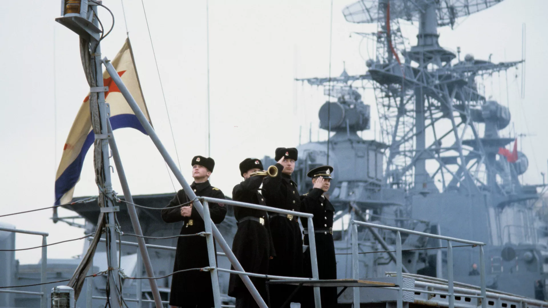 A ship of the Russian Navy Black Sea Fleet. Raising of the Russian Navy flag