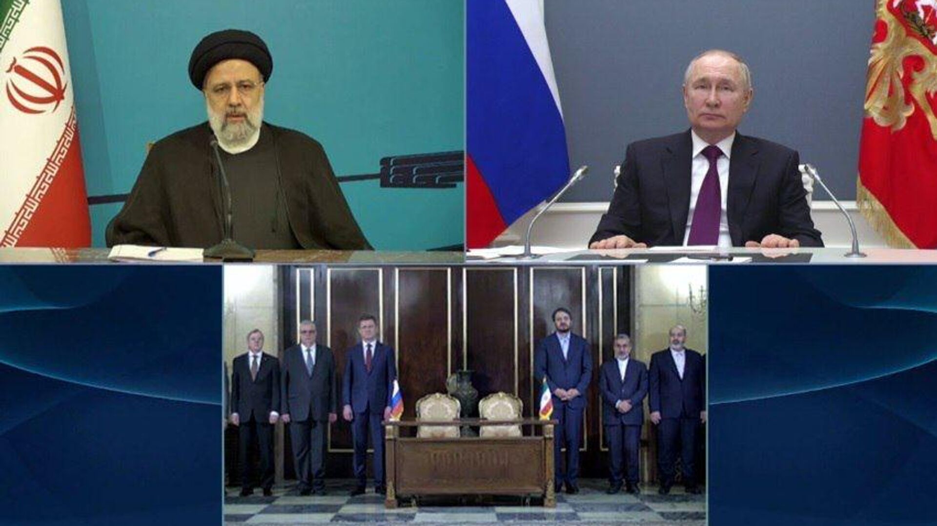 Russian President Vladimir Putin, together with 🇮🇷 Iranian President Ebrahim Raisi, takes part in the ceremony of signing an agreement on the construction of the Rasht-Astara railway via video link - Sputnik India, 1920, 17.05.2023