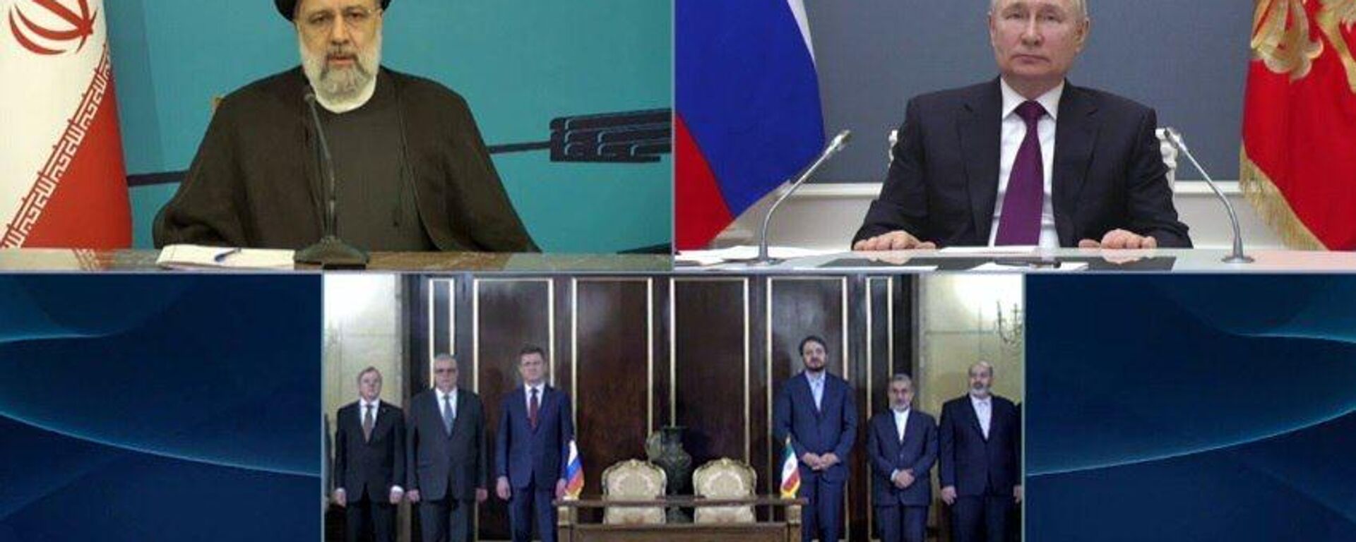 Russian President Vladimir Putin, together with 🇮🇷 Iranian President Ebrahim Raisi, takes part in the ceremony of signing an agreement on the construction of the Rasht-Astara railway via video link - Sputnik भारत, 1920, 17.05.2023