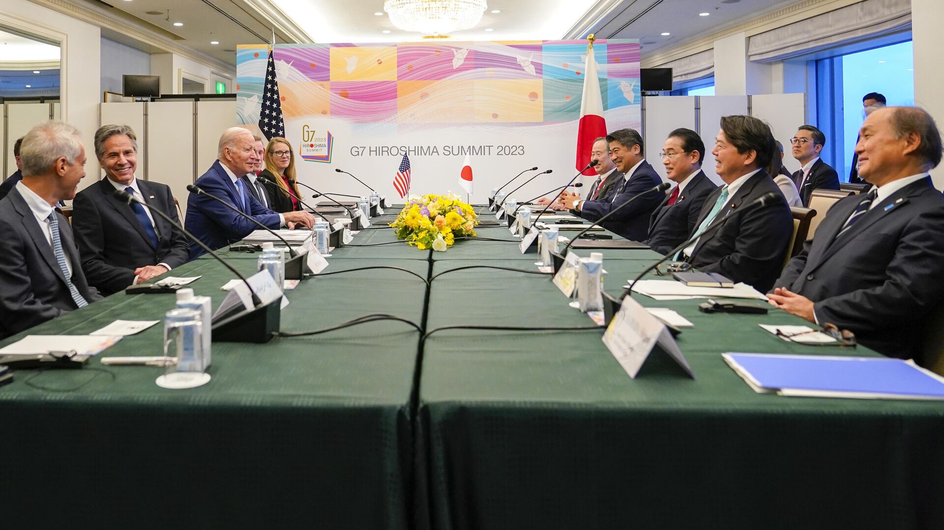 President Joe Biden, third left, reacts with Japan's Prime Minister Fumio Kishida, third right, at the start of a bilateral meeting in Hiroshima, Japan, Thursday, May 18, 2023, ahead of the start of the G-7 Summit. - Sputnik India, 1920, 18.05.2023