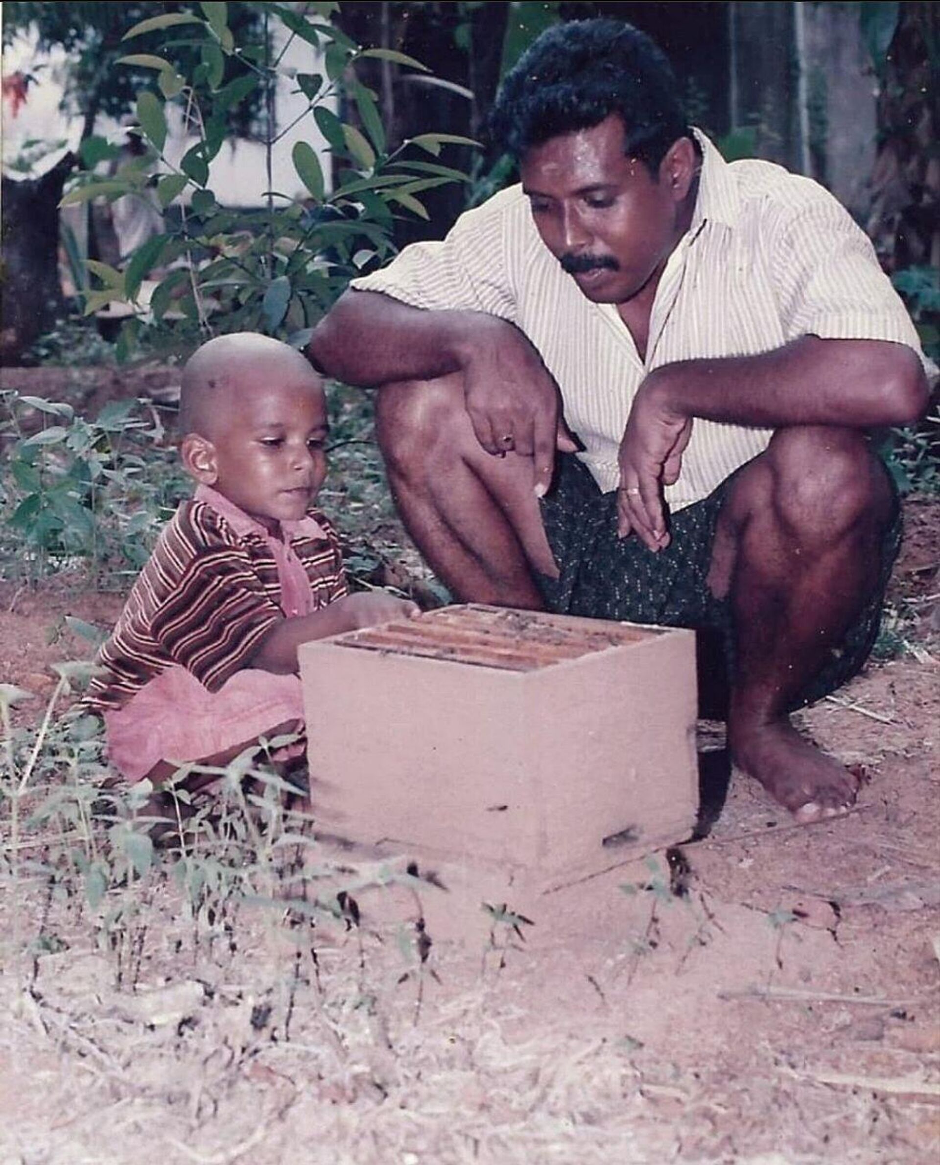 Young Nature M.S. learning about honey bee farming from his father Sajayakumar M.R. at Bharath Bee Keeping Centre in Kerala. - Sputnik भारत, 1920, 20.05.2023