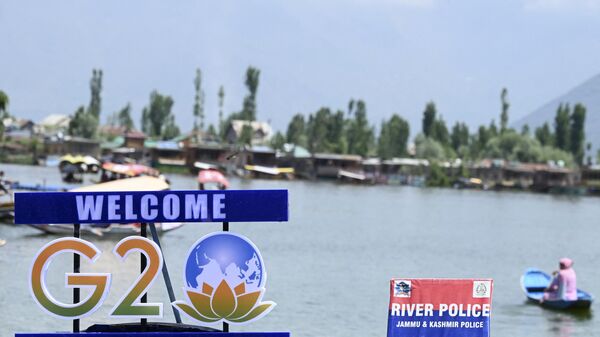 A G20 logo is pictured on a boat in Dal Lake ahead of the G20 meeting in Srinagar on May 19, 2023. - Sputnik India